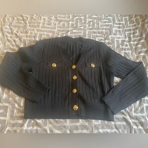 Black Ribbed cropped cardigan with Gold Buttons
